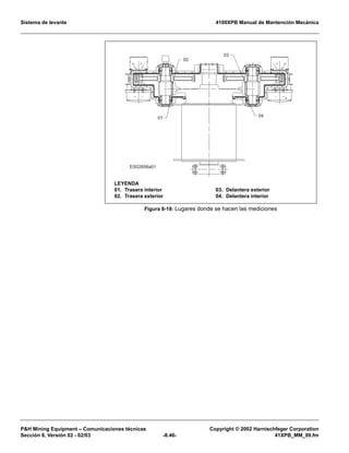 Sistema de levante 4100XPB Manual de Mantención Mecánica
PH Mining Equipment – Comunicaciones técnicas Copyright © 2002 Harnischfeger Corporation
Sección 8, Versión 02 - 02/03 -8.46- 41XPB_MM_09.fm
Figura 8-18: Lugares donde se hacen las mediciones
ES02858a01
04
03
02
01
LEYENDA
01. Trasera interior
02. Trasera exterior
03. Delantera exterior
04. Delantera interior
 