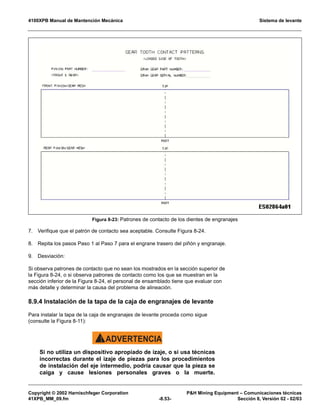 4100XPB Manual de Mantención Mecánica Sistema de levante
Copyright © 2002 Harnischfeger Corporation PH Mining Equipment – Comunicaciones técnicas
41XPB_MM_09.fm -8.53- Sección 8, Versión 02 - 02/03
7. Verifique que el patrón de contacto sea aceptable. Consulte Figura 8-24.
8. Repita los pasos Paso 1 al Paso 7 para el engrane trasero del piñón y engranaje.
9. Desviación:
Si observa patrones de contacto que no sean los mostrados en la sección superior de
la Figura 8-24, o si observa patrones de contacto como los que se muestran en la
sección inferior de la Figura 8-24, el personal de ensamblado tiene que evaluar con
más detalle y determinar la causa del problema de alineación.
8.9.4 Instalación de la tapa de la caja de engranajes de levante
Para instalar la tapa de la caja de engranajes de levante proceda como sigue
(consulte la Figura 8-11):
ADVERTENCIA!
Si no utiliza un dispositivo apropiado de izaje, o si usa técnicas
incorrectas durante el izaje de piezas para los procedimientos
de instalación del eje intermedio, podría causar que la pieza se
caiga y cause lesiones personales graves o la muerte.
Figura 8-23: Patrones de contacto de los dientes de engranajes
 