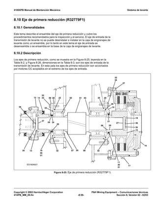 4100XPB Manual de Mantención Mecánica Sistema de levante
Copyright © 2002 Harnischfeger Corporation PH Mining Equipment – Comunicaciones técnicas
41XPB_MM_09.fm -8.59- Sección 8, Versión 02 - 02/03
8.10 Eje de primera reducción (R32779F1)
8.10.1 Generalidades
Este tema describe el ensamble del eje de primera reducción y cubre los
procedimientos recomendados para la inspección y el servicio. El eje de entrada de la
transmisión de levante no se puede desinstalar e instalar en la caja de engranajes de
levante como un ensamble, por lo tanto en este tema el eje de entrada se
desensambla o se ensambla en la base de la caja de engranajes de levante.
8.10.2 Descripción
Los ejes de primera reducción, como se muestra en la Figura 8-25, leyenda en la
Tabla 8-2, y Figura 8-26, dimensiones en la Tabla 8-3, son los ejes de entrada de la
transmisión de levante. En esta pala los ejes de primera reducción son accionados
por motores CC acoplados en el extremo de los ejes de entrada.
Figura 8-25: Eje de primera reducción (R32779F1)
0223
22
33
34
36
12 14 09 28
04 24
20
27
35 13 19
30
31
32 07 05
01
36
35
27
21
2406
03 25
18
15
10
16
11
30
31
26
37
33
34
08 32
17
29
ES1604b01
 