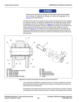 Componentes accesorios 4100XPB Manual de Mantención Mecánica
PH Mining Equipment – Comunicaciones técnicas Copyright © 2002 Harnischfeger Corporation
Sección 9, Versión 02 - 02/03 -9.6- 41XPB_MM_10.fm
AVISO
Aunque el mecanismo de empuje es físicamente parte del ensamble
de la pluma, el sistema de empuje se cubre por separado en la
Sección 10 de este manual.
Los talones de la pluma son piezas de acero pesado de separación ancha, soldados
al cuerpo de la pluma. Los agujeros maquinados en los talones de la pluma reciben
los pasadores, tal como se muestra en la Figura 9-4, los cuales fijan la base de la
pluma al frente del tornamesa. Entre las orejetas del tornamesa y la cara exterior de
cada orejeta de los talones de la pluma, se colocan lainas metálicas, como se
muestra en Figura 9-4. Se instala la misma cantidad de lainas en cada talón de la
pluma, para centrar la pluma y eliminar el movimiento lateral de la pluma sobre los
pasadores de los talones de la pluma, durante los movimientos de giro y frenado de
contramarcha.
Los ensambles de plataforma y pasarelas de servicio vienen montados en la pluma
para proporcionar acceso al mecanismo de empuje y al ensamble de la punta de la
pluma para fines de mantención.
El pasador de las poleas de la punta de la pluma está montado en puente con dados
(chumaceras) en la parte frontal de la pluma. Los dados (chumaceras) de la punta de
Figura 9-4: Ensamble del pasador del talón de la pluma (R43475)F1
6+'=
01 02
05
06 060708
09
1011
05
01
02
03
04
TC0411
LEYENDA
01. Pasador del talón de la pluma
02. Collarín bipartido
03. Golilla (arandela)
04. Perno de cabeza
05. Golilla (arandela) de empuje
06. Buje
07. Buje
08. Talón de la pluma
09. Orejeta del tornamesa
10. Orejeta del tornamesa
11. Lainas
 