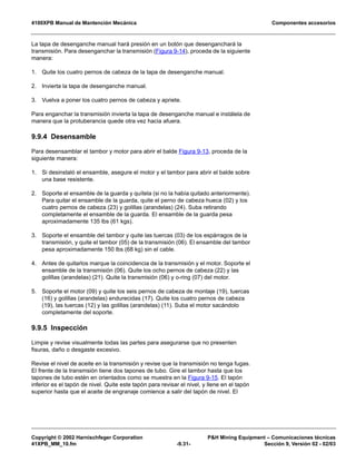4100XPB Manual de Mantención Mecánica Componentes accesorios
Copyright © 2002 Harnischfeger Corporation PH Mining Equipment – Comunicaciones técnicas
41XPB_MM_10.fm -9.31- Sección 9, Versión 02 - 02/03
La tapa de desenganche manual hará presión en un botón que desenganchará la
transmisión. Para desenganchar la transmisión (Figura 9-14), proceda de la siguiente
manera:
1. Quite los cuatro pernos de cabeza de la tapa de desenganche manual.
2. Invierta la tapa de desenganche manual.
3. Vuelva a poner los cuatro pernos de cabeza y apriete.
Para enganchar la transmisión invierta la tapa de desenganche manual e instálela de
manera que la protuberancia quede otra vez hacia afuera.
9.9.4 Desensamble
Para desensamblar el tambor y motor para abrir el balde Figura 9-13, proceda de la
siguiente manera:
1. Si desinstaló el ensamble, asegure el motor y el tambor para abrir el balde sobre
una base resistente.
2. Soporte el ensamble de la guarda y quítela (si no la había quitado anteriormente).
Para quitar el ensamble de la guarda, quite el perno de cabeza hueca (02) y los
cuatro pernos de cabeza (23) y golillas (arandelas) (24). Suba retirando
completamente el ensamble de la guarda. El ensamble de la guarda pesa
aproximadamente 135 lbs (61 kgs).
3. Soporte el ensamble del tambor y quite las tuercas (03) de los espárragos de la
transmisión, y quite el tambor (05) de la transmisión (06). El ensamble del tambor
pesa aproximadamente 150 lbs (68 kg) sin el cable.
4. Antes de quitarlos marque la coincidencia de la transmisión y el motor. Soporte el
ensamble de la transmisión (06). Quite los ocho pernos de cabeza (22) y las
golillas (arandelas) (21). Quite la transmisión (06) y o-ring (07) del motor.
5. Soporte el motor (09) y quite los seis pernos de cabeza de montaje (19), tuercas
(16) y golillas (arandelas) endurecidas (17). Quite los cuatro pernos de cabeza
(19), las tuercas (12) y las golillas (arandelas) (11). Suba el motor sacándolo
completamente del soporte.
9.9.5 Inspección
Limpie y revise visualmente todas las partes para asegurarse que no presenten
fisuras, daño o desgaste excesivo.
Revise el nivel de aceite en la transmisión y revise que la transmisión no tenga fugas.
El frente de la transmsión tiene dos tapones de tubo. Gire el tambor hasta que los
tapones de tubo estén en orientados como se muestra en la Figura 9-15. El tapón
inferior es el tapón de nivel. Quite este tapón para revisar el nivel, y llene en el tapón
superior hasta que el aceite de engranaje comience a salir del tapón de nivel. El
 
