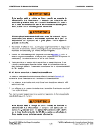 4100XPB Manual de Mantención Mecánica Componentes accesorios
Copyright © 2002 Harnischfeger Corporation PH Mining Equipment – Comunicaciones técnicas
41XPB_MM_10.fm -9.35- Sección 9, Versión 02 - 02/03
ADVERTENCIA!
Este equipo está al voltaje de línea cuando se conecta la
alimentación CA. Desconecte y bloquee con colocación de
candados y letreros todos los conductores sin conexión a tierra
de la línea de alimentación de CA. El contacto con el voltaje de
línea puede causar lesiones graves o la muerte.
ADVERTENCIA!
No desaplique manualmente el freno antes de bloquear cargas
acarreadas para evitar el movimiento repentino de la pala. El
movimiento no esperado de la pala podría causar lesiones
graves o la muerte.
1. Desconecte el voltaje de línea a la pala y siga los procedimientos de bloqueo con
colocación de candados y letreros para asegurar que la alimentación eléctrica al
motor esté desconectada y que el freno esté desenergizado.
2. Gire los tres pe