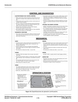 Introducción 4100XPB Manual de Mantención Mecánica
P&H Mining Equipment – Comunicaciones técnicas Copyright © 2002 Harnischfeger Corporation
Sección 1, Versión 02 - 02/03 -1.16- 41XPB_MM_01.fm
Figura 1-6: Especificaciones de operación (continuación)
MECHANICAL
ELECTROTORQUE PLUS®
DIGITAL CONTROL
• Digital controls allow constant horsepower characteristics to be pro-
grammed for increased motion speeds which reduce overall cycle
time.
• Programmable electrical parameters provides ‘one-time setup’ and
consistant optimum operation.
• New PLC is ready for the latest productivity enhancing techniques
and system monitoring, as well as for traditional sequencing, lube
system, hoist and crowd motion limit functions.
• Automatic Boom Soft Setdown and Boom Profile Protection
Envelope guards against structural impact.
• OAP computer system for diagnostic display and ready adaptability
for P&H Smart Systems and Technologies.
DIAGNOSTIC FUNCTIONS
• Touch screen monitors provide built in reference and fault tree diag-
nostic information with informational help screens accessed with
touch screen convenience.
• Conveniently located Man Machine Interface (MMI) displays relevant
information to the operator or maintenance personnel in the cab,
which improves the efficiency of maintenance tasks and increases
machine up-time.
• Automatic Lubrication System has advanced diagnostic and control
functions for optimized lubrication and ease of lube system mainte-
nance.
OPTIONAL P&H SMART SYSTEMS
• OptiDig™ automatically coordinates hoist and crowd motions while in
the bank to improve dig cycle time and optimize power usage.
• i2T™ Integrated Information Technology provides remote data trans-
mission and other high level control and diagnostic capabilities to
improve overall loading productivity.
• LoadWeigh system accurately measures each dipper load for preci-
sion loading to minimize cost and maximize productivity.
• In addition to these smart systems, other options are available to tai-
lor the 4100BOSS to specific requirements.
HOIST
• All gearing housed in single enclosed gear case with filtered oil circu-
lation for reliable splash lubrication, ease of maintenance, and
extended component life.
• Large 65" diameter hoist drum for extended rope bending life.
Ferrule becket system and electric tugger are standard for efficient
rope change.
• Two spring set air release disc brakes - one per motor.
CROWD
• Powerband V-belt drive between motor and gear case absorbs
shock loads.
• First and second reduction gearing in enclosed gear case for reliable
splash lubrication, ease of maintenance, and extended component
life.
• Twin leg dipper handle with torsion box and rack and pinion drive
has inherent stability in the bank for optimal digging.
• Single spring set air release disc brake.
SWING
• Two modular planetary gear cases of proven design and the single
piece forged swing gear provide the torque for faster cycle times.
• Two spring set air release disc brakes - one per motor.
• Splash lube - optional filtration system.
PROPEL
• Two rugged planetary gear cases of proven design transmit torque to
the drive sprockets, producing the tractive effort required for fast,
efficient propel and positioning operations contributing to greater dig-
ging time.
• Low tension sprocket drive system for improved lower works avail-
ability and life.
• Two spring set air release disc brakes - one per motor.
DIPPER
• OPTIMA™ BOSS - specially suited for oilsand digging conditions.
DIPPER TRIP
• Adjustable torque electric motor with sealed planetary drive unit for
reliable trip and slack take up operation.
• Both ferrule becket and clamp system on drum with two part sheave
arrangement on dipper for ease of maintenance.
CONTROL AND DIAGNOSTICS
OPERATOR'S STATION
LH JOYSTICK (ARM MOUNTED)
• Crowd (Propel)
• Dipper trip - horn
RH JOYSTICK (ARM MOUNTED)
• Hoist (Propel)
• Swing
SIDE CONSOLES (RH & LH)
• Push button controls for start,
stop, reset and brake set/release
• Climate controls, wipers, lights
and other optional equipment
control
• Dimmable panel lights
WALL CONSOLES (RH & LH)
• Ample panel space for various
P&H productivity enhancing
tools, communication systems,
dispatch systems, and fire
suppression controls
(systems optional)
AMPLE AREA FOR
CUSTOMIZATION
MAN MACHINE INTERFACE
• Mounted on an adjustable
arm, inboard side
• System parameter display
• Motion limit settings via touch
screen
• Lube and air system displays
 