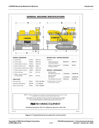 4100XPB Manual de Mantención Mecánica Introducción
Copyright © 2002 Harnischfeger Corporation P&H Mining Equipment – Comunicaciones técnicas
41XPB_MM_01.fm -1.17- Sección 1, Versión 02 - 02/03
Figura 1-7: Especificaciones de operación (continuación)
GENERAL MACHINE SPECIFICATIONS
XS-1772-1 2AG-401
NOTE: All designs, specifications and components of equipment described above are subject to change
at manufacturer’s sole discretion at any time without advance notice.
Data published herein is informational in nature and shall not be construed to warrant suitability
of machine for any particular purpose as performance may vary with conditions encountered.
The only warranty applicable is our standard written warranty for this machine.
P&H Mining Equipment ◆ Box 310 ◆ Milwaukee, Wisconsin 53201 USA
GENERAL DIMENSIONS
A Overall Width 13.16 m 43 ft. 2 in.
B Overall Length 15.24 m 50 ft. 0 in.
C Overall Height over Gantry 12.70 m 41 ft. 8 in.
D Width of Crawler Shoes 3505 mm 138 in.
E Overall Width of Crawlers (Std) 12.78 m 41 ft. 11 in.
F Overall Length of Crawlers 11.58 m 38 ft. 0 in.
G Ground Clearance .79 m 2 ft. 7 in.
H Height – Ground to Bottom
of Counterweight 2.84 m 9 ft. 4 in.
CABLE DATA
Hoist (wire rope) 70 mm 2.75 in. dia. (Std.)
Suspension (bridgestrand) 102 mm 4 in. diameter
Dipper Trip (wire rope) 19 mm 0.75 in. diameter
BEARING AREA - GROUND PRESSURE
Standard:
Crawler Bearing Area 625,592 cm2
96,967 in2
138" Shoes/ 3505mm
Crawler" Ground Pressure 2.16 kg/cm2
30.8 psi
138 Shoes/ 3505mm
WEIGHTS - APPROXIMATE*
Working Weight
(with Dipper, Approx. Wt.) 1,354,200 kg 2,986,000 lbs
Shipping Weight
(with Dipper) 1,176,165 kg 2,593,000 lbs
Counterweight (Punchings)** 178,231 kg 393,000 lbs
* All weights subject to 5% variation.
** To be furnished by customer.
) *
+
,
-
.
/
0
 