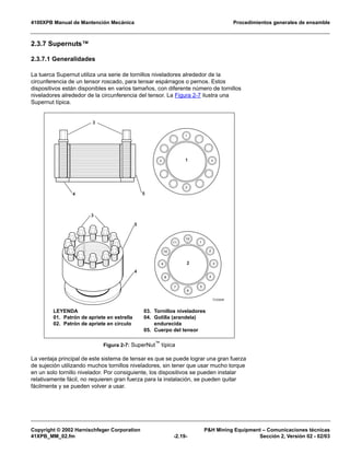 4100XPB Manual de Mantención Mecánica Procedimientos generales de ensamble
Copyright © 2002 Harnischfeger Corporation P&H Mining Equipment – Comunicaciones técnicas
41XPB_MM_02.fm -2.19- Sección 2, Versión 02 - 02/03
2.3.7 Supernuts™
2.3.7.1 Generalidades
La tuerca Supernut utiliza una serie de tornillos niveladores alrededor de la
circunferencia de un tensor roscado, para tensar espárragos o pernos. Estos
dispositivos están disponibles en varios tamaños, con diferente número de tornillos
niveladores alrededor de la circunferencia del tensor. La Figura 2-7 ilustra una
Supernut típica.
La ventaja principal de este sistema de tensar es que se puede lograr una gran fuerza
de sujeción utilizando muchos tornillos niveladores, sin tener que usar mucho torque
en un solo tornillo nivelador. Por consiguiente, los dispositivos se pueden instalar
relativamente fácil, no requieren gran fuerza para la instalación, se pueden quitar
fácilmente y se pueden volver a usar.
Figura 2-7: SuperNut™ típica
12
11
10
9
8
7
6
5
4
3
2
1
1
2
3 4
TC0309f
1
2
3
4 5
3
5
4
LEYENDA
01. Patrón de apriete en estrella
02. Patrón de apriete en círculo
03. Tornillos niveladores
04. Golilla (arandela)
endurecida
05. Cuerpo del tensor
 