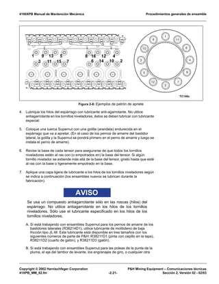 4100XPB Manual de Mantención Mecánica Procedimientos generales de ensamble
Copyright © 2002 Harnischfeger Corporation P&H Mining Equipment – Comunicaciones técnicas
41XPB_MM_02.fm -2.21- Sección 2, Versión 02 - 02/03
4. Lubrique los hilos del espárrago con lubricante anti-agarrotante. No utilice
antiagarrotante en los tornillos niveladores, éstos se deben lubricar con lubricante
especial.
5. Coloque una tuerca Supernut con una golilla (arandela) endurecida en el
espárrago que va a apretar. (En el caso de los pernos de amarre del bastidor
lateral, la golilla y la Supernut se pondrá primero en el perno de amarre y luego se
instala el perno de amarre).
6. Revise la base de cada tensor para asegurarse de que todos los tornillos
niveladores estén al ras con (o empotrados en) la base del tensor. Si algún
tornillo nivelador se extiende más allá de la base del tensor, gírelo hasta que esté
al ras con la base o ligeramente empotrado en la base.
7. Aplique una capa ligera de lubricante a los hilos de los tornillos niveladores según
se indica a continuación (los ensambles nuevos se lubrican durante la
fabricación).
AVISO
Se usa un compuesto antiagarrotante sólo en las roscas (hilos) del
espárrago. No utilice antiagarrotante en los hilos de los tornillos
niveladores. Sólo use el lubricante especificado en los hilos de los
tornillos niveladores.
A. Si está trabajando con ensambles Supernut para los pernos de amarre de los
bastidores laterales (R38214D1), utilice lubricante de molibdeno de baja
fricción tipo JL-M. Este lubricante está disponible en tres tamaños con los
siguientes números de parte de P&H: R38211D1 (pinta con cepillo en la tapa),
R38211D2 (cuarto de galón), y R38211D3 (galón).
B. Si está trabajando con ensambles Supernut para las poleas de la punta de la
pluma, el eje del tambor de levante, los engranajes de giro, o cualquier otra
Figura 2-8: Ejemplos de patrón de apriete
1
23
413
1415
169
1011
12
1
2
3 4
8
12
10 6
7
9
11
5
TC140c
6
8
7
5
 