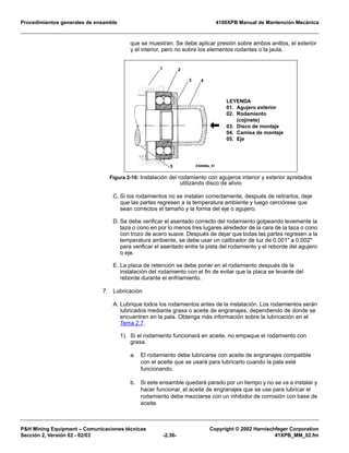 Procedimientos generales de ensamble 4100XPB Manual de Mantención Mecánica
P&H Mining Equipment – Comunicaciones técnicas Copyright © 2002 Harnischfeger Corporation
Sección 2, Versión 02 - 02/03 -2.36- 41XPB_MM_02.fm
que se muestran. Se debe aplicar presión sobre ambos anillos, el exterior
y el interior, pero no sobre los elementos rodantes o la jaula.
C. Si los rodamientos no se instalan correctamente, después de retirarlos, deje
que las partes regresen a la temperatura ambiente y luego cerciórese que
sean correctos el tamaño y la forma del eje o agujero.
D. Se debe verificar el asentado correcto del rodamiento golpeando levemente la
taza o cono en por lo menos tres lugares alrededor de la cara de la taza o cono
con trozo de acero suave. Después de dejar que todas las partes regresen a la
temperatura ambiente, se debe usar un calibrador de luz de 0.001" a 0.002"
para verificar el asentado entre la pista del rodamiento y el reborde del agujero
o eje.
E. La placa de retención se debe poner en el rodamiento después de la
instalación del rodamiento con el fin de evitar que la placa se levante del
reborde durante el enfriamiento.
7. Lubricación
A. Lubrique todos los rodamientos antes de la instalación. Los rodamientos serán
lubricados mediante grasa o aceite de engranajes, dependiendo de donde se
encuentren en la pala. Obtenga más información sobre la lubricación en el
Tema 2.7.
1). Si el rodamiento funcionará en aceite, no empaque el rodamiento con
grasa.
a. El rodamiento debe lubricarse con aceite de engranajes compatible
con el aceite que se usará para lubricarlo cuando la pala esté
funcionando.
b. Si este ensamble quedará parado por un tiempo y no se va a instalar y
hacer funcionar, el aceite de engranajes que se use para lubricar el
rodamiento debe mezclarse con un inhibidor de corrosión con base de
aceite.
Figura 2-16: Instalación del rodamiento con agujeros interior y exterior apretados
utilizando disco de alivio
1 2
3 4
5 ES0606a_01
LEYENDA
01. Agujero exterior
02. Rodamiento
(cojinete)
03. Disco de montaje
04. Camisa de montaje
05. Eje
 