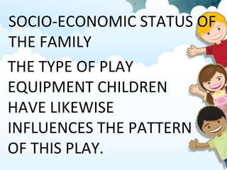 SOCIO-ECONOMIC STATUS OF
THE FAMILY
THE TYPE OF PLAY
EQUIPMENT CHILDREN
HAVE LIKEWISE
INFLUENCES THE PATTERN
OF THIS PLAY.
 