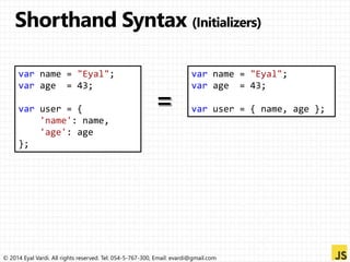 var name = "Eyal"; 
var age = 43; 
var user = { 
'name': name, 
'age': age 
}; 
var name = "Eyal"; 
var age = 43; 
var user = { name, age }; 
© 2014 Eyal Vardi. All rights reserved. Tel: 054-5-767-300, Email: evardi@gmail.com 
 
