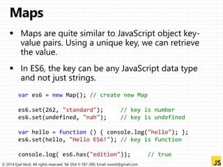 var es6 = new Map(); // create new Map 
es6.set(262, "standard"); // key is number 
es6.set(undefined, "nah"); // key is undefined 
var hello = function () { console.log("hello"); }; 
es6.set(hello, "Hello ES6!"); // key is function 
console.log( es6.has("edition")); // true 
© 2014 Eyal Vardi. All rights reserved. Tel: 054-5-767-300, Email: evardi@gmail.com 
 