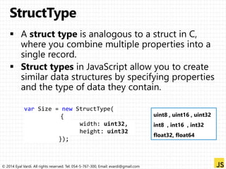 var Size = new StructType( 
{ 
width: uint32, 
height: uint32 
}); 
© 2014 Eyal Vardi. All rights reserved. Tel: 054-5-767-300, Email: evardi@gmail.com 
uint8 , uint16 , uint32 
int8 , int16 , int32 
float32, float64 
 