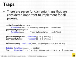 getOwnPropertyDescriptor: 
function(name) -> PropertyDescriptor | undefined 
getPropertyDescriptor: 
function(name) -> PropertyDescriptor | undefined 
getOwnPropertyNames: function() -> [ string ] 
getPropertyNames: function() -> [ string ] 
defineProperty: function(name, propertyDescriptor) -> any 
delete: function(name) -> boolean 
fix: function() -> { string: PropertyDescriptor } | undefined 
© 2014 Eyal Vardi. All rights reserved. Tel: 054-5-767-300, Email: evardi@gmail.com 
 