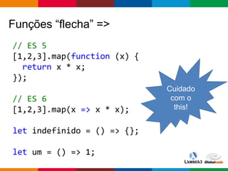 Globalcode – Open4education
Funções “flecha” =>
// ES 5
[1,2,3].map(function (x) {
return x * x;
});
// ES 6
[1,2,3].map(x => x * x);
let indefinido = () => {};
let um = () => 1;
Cuidado
com o
this!
 