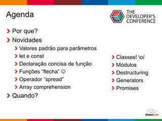Globalcode – Open4education
Agenda
Por que?
Novidades
Valores padrão para parâmetros
let e const
Declaração concisa de função
Funções “flecha” 
Operador “spread”
Array comprehension
Quando?
Classes! o/
Módulos
Destructuring
Generators
Promises
 