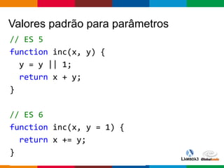 Globalcode – Open4education
Valores padrão para parâmetros
// ES 5
function inc(x, y) {
y = y || 1;
return x + y;
}
// ES 6
function inc(x, y = 1) {
return x += y;
}
 