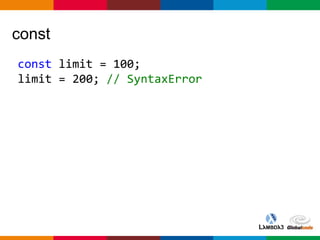 Globalcode – Open4education
const
const limit = 100;
limit = 200; // SyntaxError
 