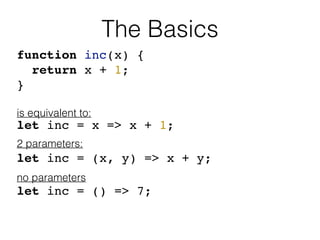 function inc(x) {
return x + 1;
}
let inc = x => x + 1;
is equivalent to:
2 parameters:
let inc = (x, y) => x + y;
no para...