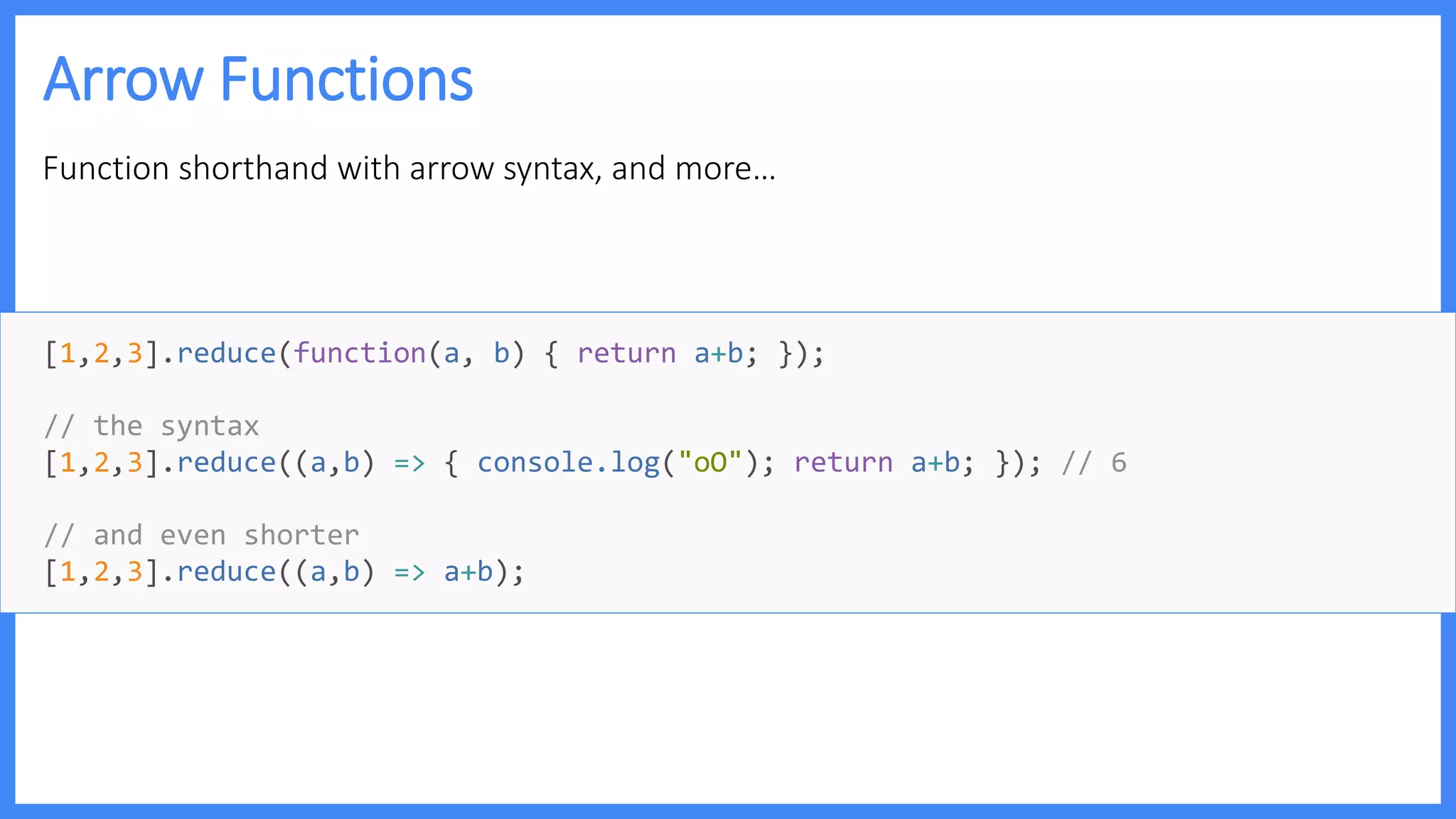 Arrow Functions
Function shorthand with arrow syntax, and more…
[1,2,3].reduce(function(a, b) { return a+b; });
// the syntax
[1,2,3].reduce((a,b) => { console.log("oO"); return a+b; }); // 6
// and even shorter
[1,2,3].reduce((a,b) => a+b);
 