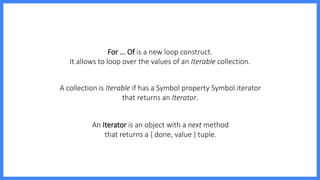 For ... Of is a new loop construct.
It allows to loop over the values of an Iterable collection.
A collection is Iterable if has a Symbol property Symbol.iterator
that returns an Iterator.
An Iterator is an object with a next method
that returns a { done, value } tuple.
 