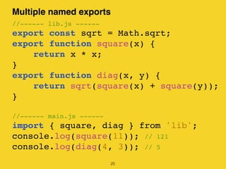 Multiple named exports
25
//------ lib.js ------
export const sqrt = Math.sqrt;
export function square(x) {
return x * x;
}
export function diag(x, y) {
return sqrt(square(x) + square(y));
}
//------ main.js ------
import { square, diag } from 'lib';
console.log(square(11)); // 121
console.log(diag(4, 3)); // 5