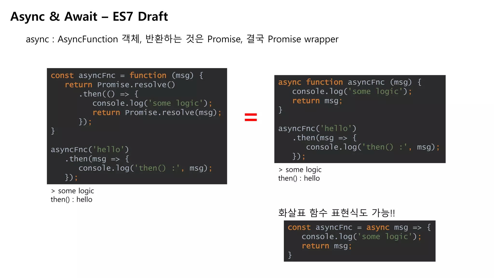 Async & Await – ES7 Draft
async : AsyncFunction 객체, 반환하는 것은 Promise, 결국 Promise wrapper
> some logic
then() : hello
> some logic
then() : hello
=
async function asyncFnc (msg) {
console.log('some logic');
return msg;
}
asyncFnc('hello')
.then(msg => {
console.log('then() :', msg);
});
const asyncFnc = function (msg) {
return Promise.resolve()
.then(() => {
console.log('some logic');
return Promise.resolve(msg);
});
}
asyncFnc('hello')
.then(msg => {
console.log('then() :', msg);
});
const asyncFnc = async msg => {
console.log('some logic');
return msg;
}
화살표 함수 표현식도 가능!!
 
