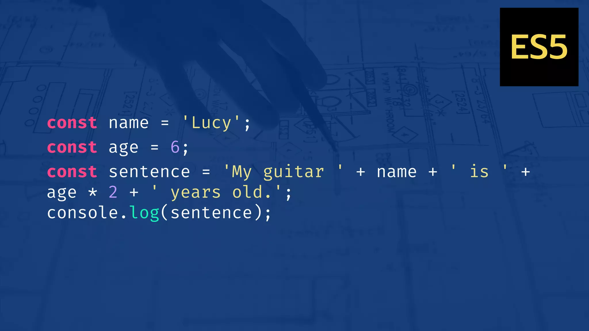 const name = 'Lucy';
const age = 6;
const sentence = 'My guitar ' + name + ' is ' +
age * 2 + ' years old.';
console.log(sentence);
ES5
 