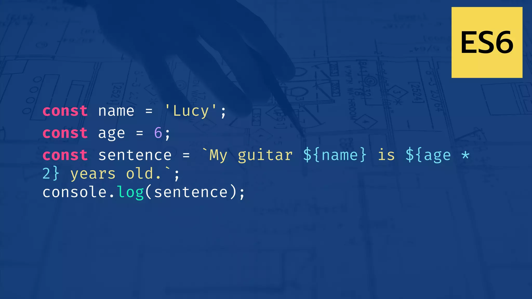 const name = 'Lucy';
const age = 6;
const sentence = `My guitar ${name} is ${age *
2} years old.`;
console.log(sentence);
ES6
 