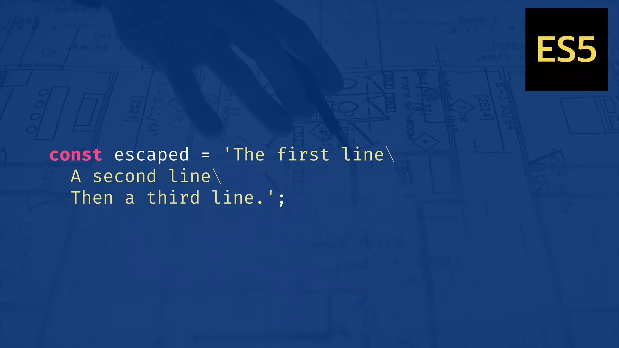 const escaped = 'The first line
A second line
Then a third line.';
ES5
 