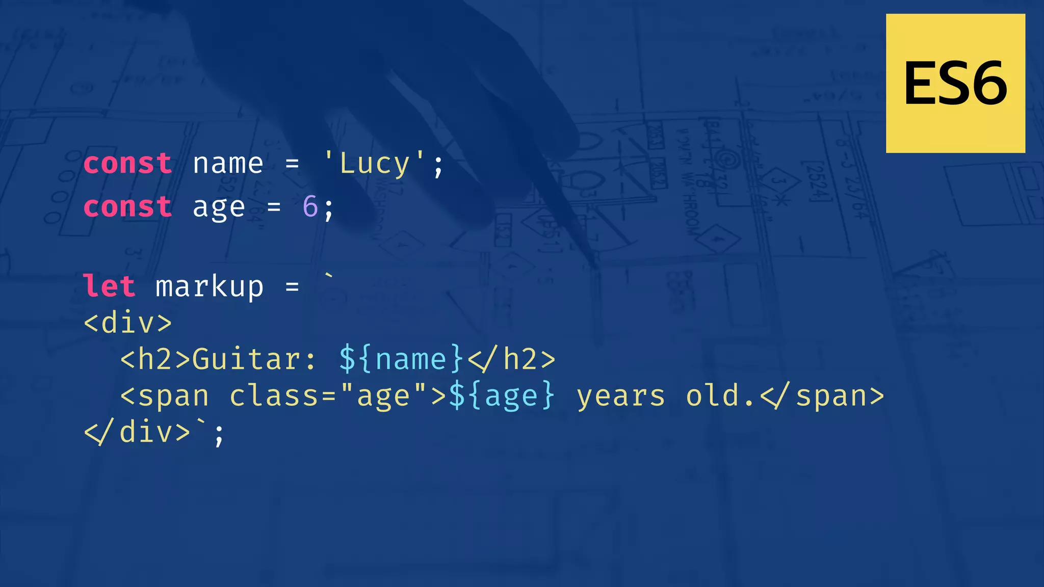 const name = 'Lucy';
const age = 6;
let markup = `
<div>
<h2>Guitar: ${name}!</h2>
<span class="age">${age} years old.!</span>
!</div>`;
ES6
 