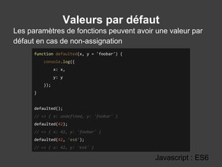Valeurs par défaut
Javascript : ES6
function defaulted(x, y = 'foobar') {
console.log({
x: x,
y: y
});
}
defaulted();
// => { x: undefined, y: 'foobar' }
defaulted(42);
// => { x: 42, y: 'foobar' }
defaulted(42, 'es6');
// => { x: 42, y: 'es6' }
Les paramètres de fonctions peuvent avoir une valeur par
défaut en cas de non-assignation
 