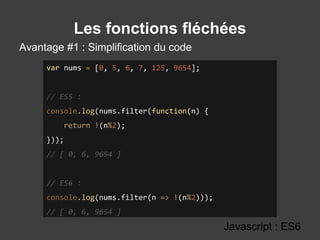 Les fonctions fléchées
Avantage #1 : Simplification du code
Javascript : ES6
var nums = [0, 5, 6, 7, 125, 9654];
// ES5 :
console.log(nums.filter(function(n) {
return !(n%2);
}));
// [ 0, 6, 9654 ]
// ES6 :
console.log(nums.filter(n => !(n%2)));
// [ 0, 6, 9654 ]
 
