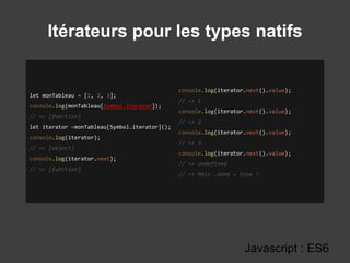 Itérateurs pour les types natifs
Javascript : ES6
let monTableau = [1, 2, 3];
console.log(monTableau[Symbol.iterator]);
// => [function]
let iterator =monTableau[Symbol.iterator]();
console.log(iterator);
// => [object]
console.log(iterator.next);
// => [function]
console.log(iterator.next().value);
// => 1
console.log(iterator.next().value);
// => 2
console.log(iterator.next().value);
// => 3
console.log(iterator.next().value);
// => undefined
// => Mais .done = true !
 