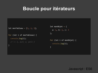 Boucle pour itérateurs
Javascript : ES6
let monTableau = [1, 2, 3];
for (let i of monTableau) {
console.log(i);
// => 1, puis 2, puis 3
}
let monObjet = {
a: 1, b: 2, c: 3
};
for (let i of monObjet) {
console.log(i);
}
 
