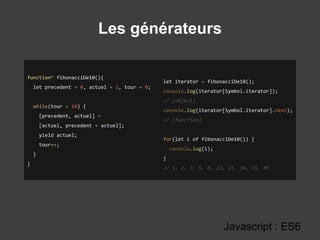 Les générateurs
Javascript : ES6
function* fibonacciDe10(){
let precedent = 0, actuel = 1, tour = 0;
while(tour < 10) {
[precedent, actuel] =
[actuel, precedent + actuel];
yield actuel;
tour++;
}
}
let iterator = fibonacciDe10();
console.log(iterator[Symbol.iterator]);
// [object]
console.log(iterator[Symbol.iterator].next);
// [function]
for(let i of fibonacciDe10()) {
console.log(i);
}
// 1, 2, 3, 5, 8, 13, 21, 34, 55, 89
 