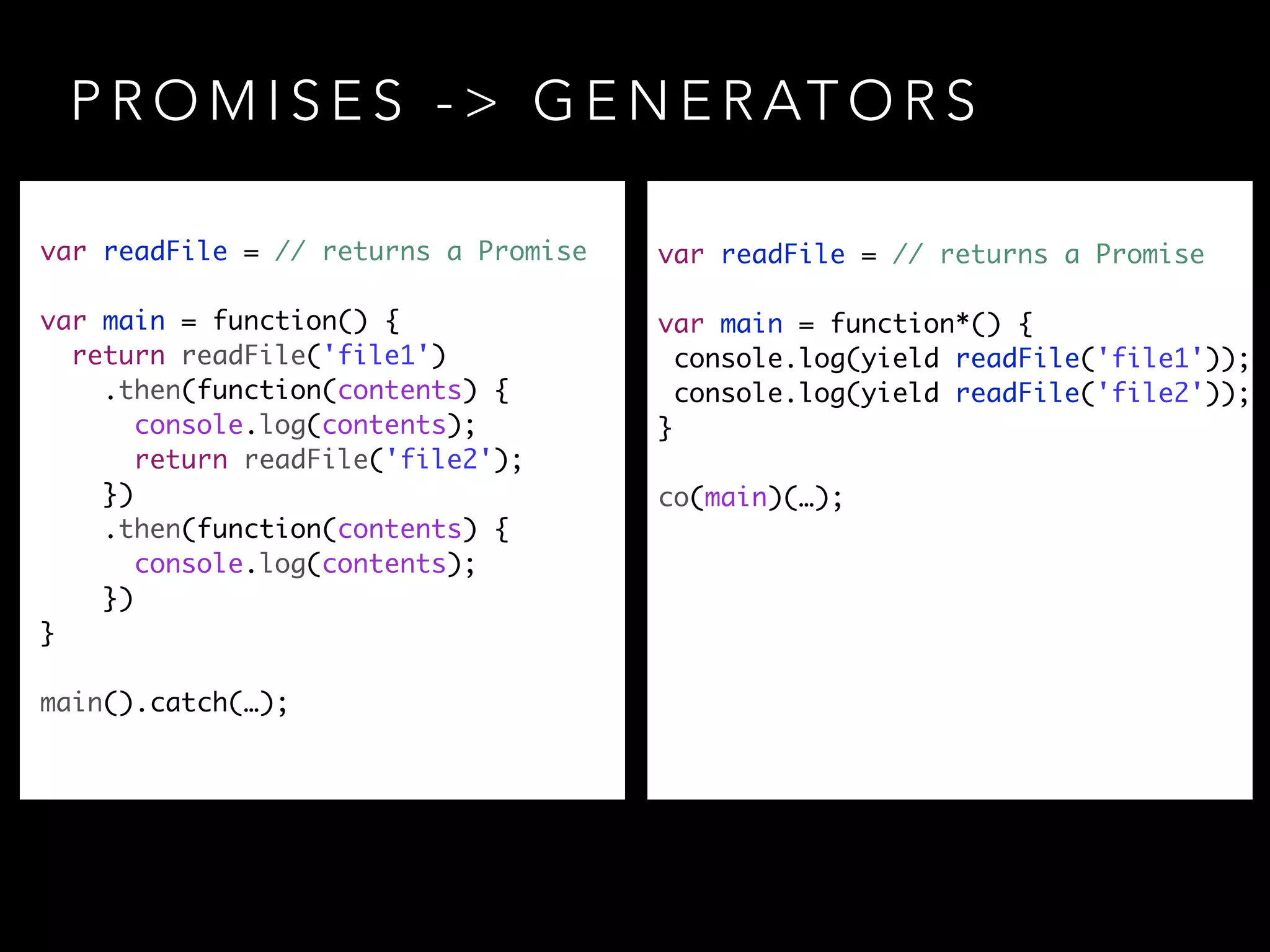 P R O M I S E S - > G E N E R AT O R S
var readFile = // returns a Promise	
!
var main = function() {	
return readFile('file1')	
.then(function(contents) {	
console.log(contents);	
return readFile('file2');	
})	
.then(function(contents) {	
console.log(contents);	
})	
}	
!
main().catch(…);
var readFile = // returns a Promise	
!
var main = function*() {	
console.log(yield readFile('file1'));	
console.log(yield readFile('file2')); 	
}	
!
co(main)(…);
 
