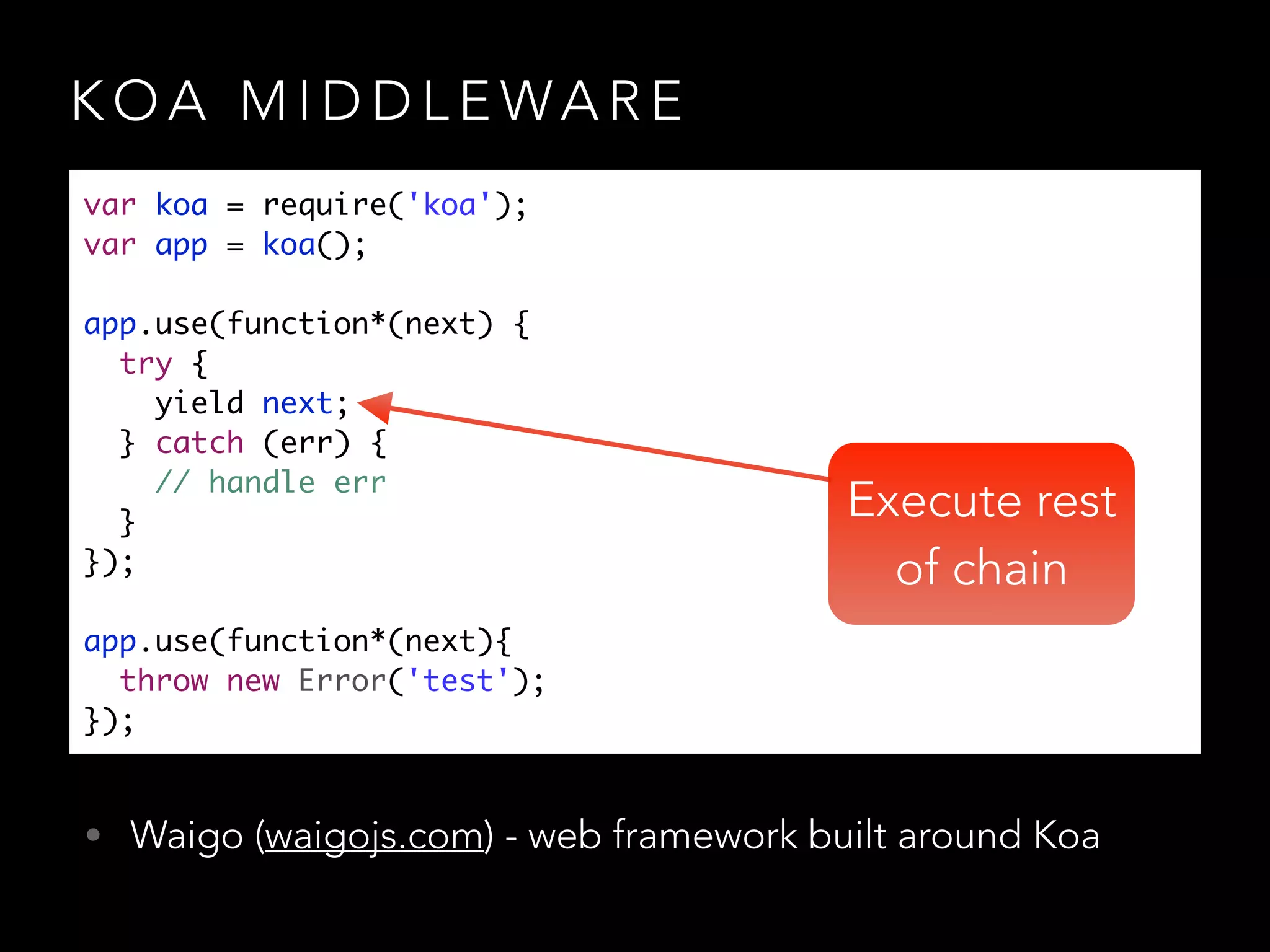 K O A M I D D L E WA R E
• Waigo (waigojs.com) - web framework built around Koa
var koa = require('koa');	
var app = koa();	
!
app.use(function*(next) {	
try {	
yield next;	
} catch (err) {	
// handle err	
}	
});	
!
app.use(function*(next){	
throw new Error('test');	
});
Execute rest
of chain
 