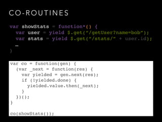 C O - R O U T I N E S
var co = function(gen) {!
! (var _next = function(res) {!
! ! var yielded = gen.next(res);!
! ! if (!yielded.done) {!
! ! ! yielded.value.then(_next);!
! ! }!
! })();!
}!
!
co(showStats());
var showStats = function*() {!
var user = yield $.get(“/getUser?name=bob”);!
var stats = yield $.get(“/stats/” + user.id);!
! …!
}
 