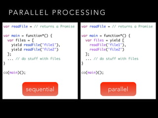 PA R A L L E L P R O C E S S I N G
var readFile = // returns a Promise	
!
var main = function*() {	
var files = [	
yield readFile('file1'),	
yield readFile('file2')	
];	
... // do stuff with files	
}	
!
co(main)();
var readFile = // returns a Promise	
!
var main = function*() {	
var files = yield [	
readFile('file1'),	
readFile('file2')	
];	
... // do stuff with files	
}	
!
co(main)();
sequential parallel
 