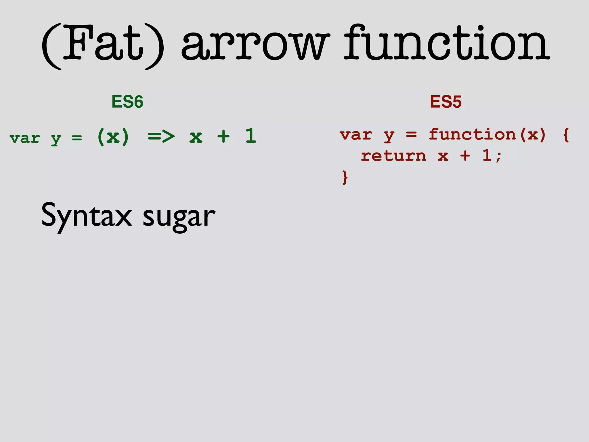 (Fat) arrow function 
ES6 ES5 
var y = function(x) { 
return x + 1; 
} 
var y = (x) => x + 1 
Syntax sugar 
 