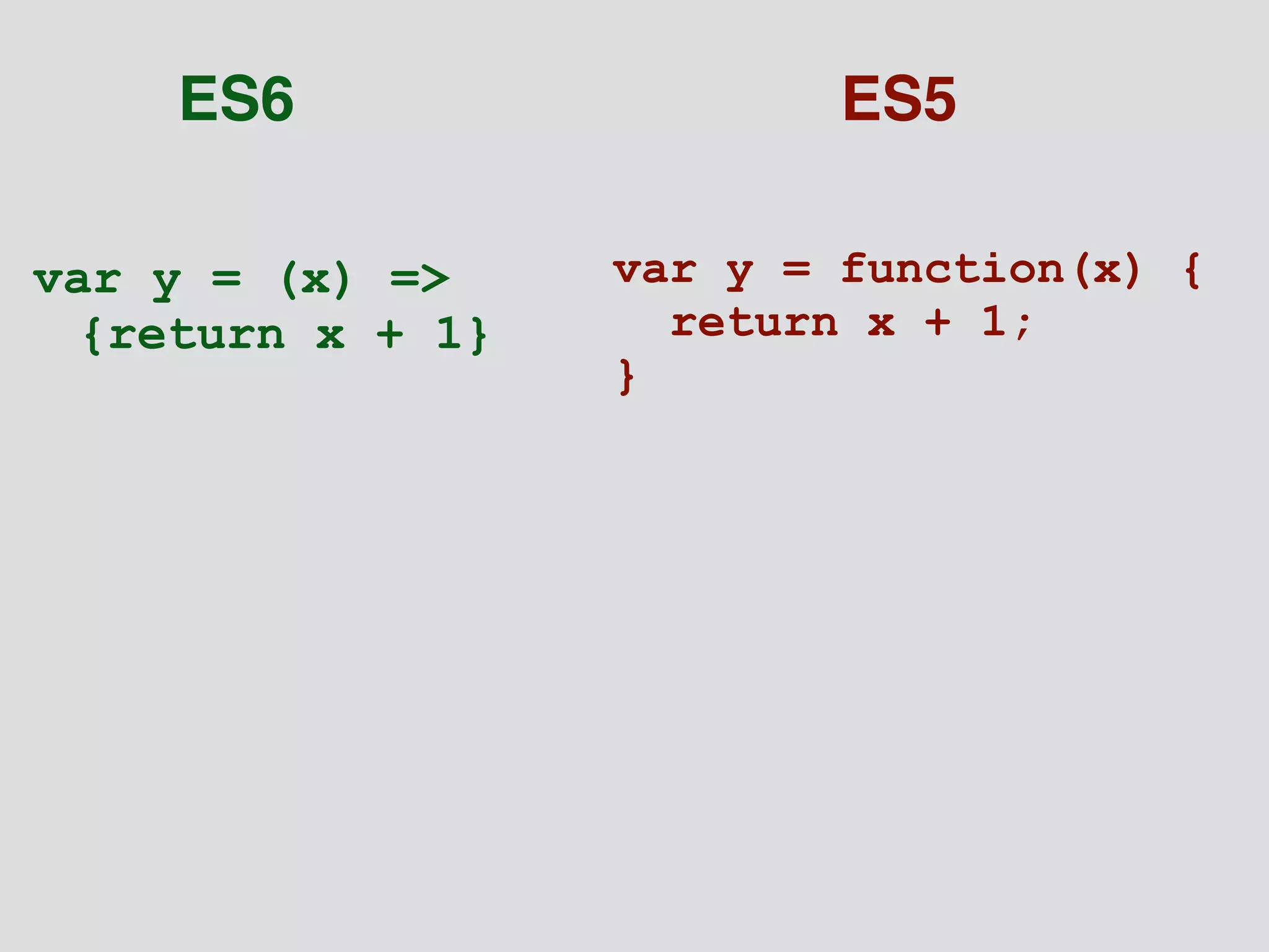 ES6 ES5 
var y = (x) => 
{return x + 1} 
var y = function(x) { 
return x + 1; 
} 
 