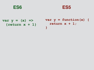 ES6 ES5 
var y = (x) => 
{return x + 1} 
var y = function(x) { 
return x + 1; 
} 
 