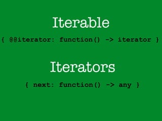 Iterable 
{ @@iterator: function() -> iterator } 
Iterators 
{ next: function() -> any } 
 