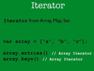 Iterator 
Iterator from Array, Map, Set 
var array = [“a”, “b”, “c”]; 
! 
array.entries() // Array Iterator 
array.keys() // Array Iterator 
 
