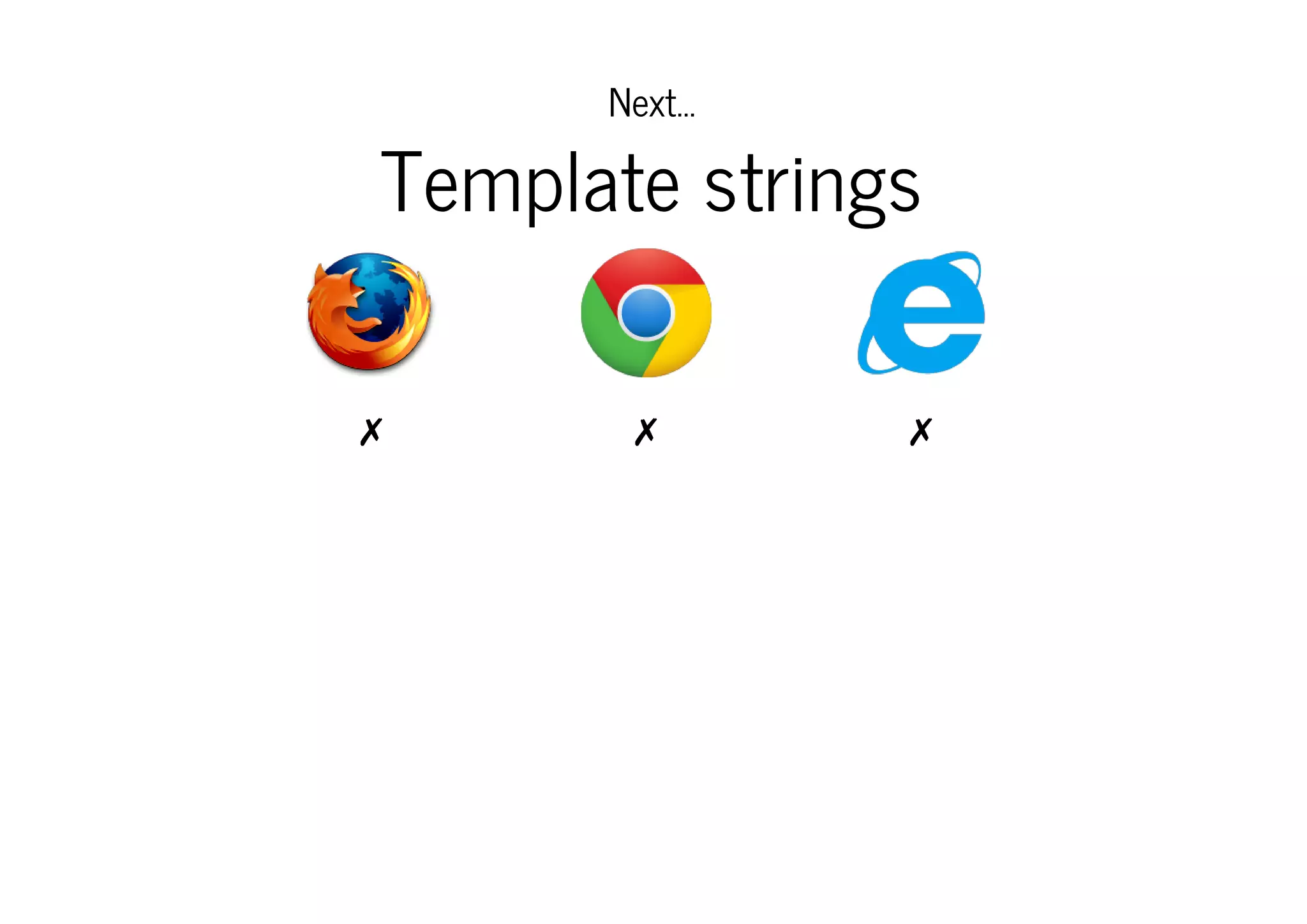 Next...

Template strings
✗

✗

✗

 