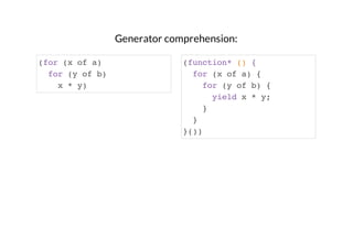 Generator comprehension:
(for (x of a)
for (y of b)
x * y)

(function* () {
for (x of a) {
for (y of b) {
yield x * y;
}
}
}())

 