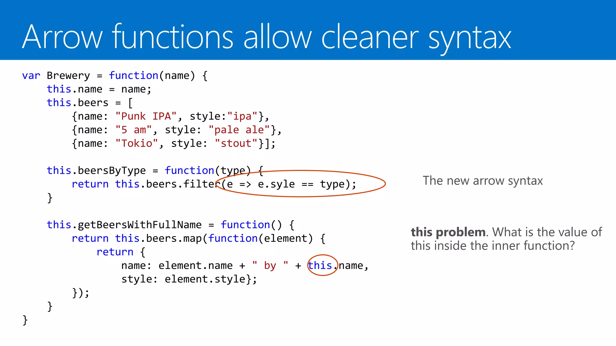 The new arrow syntax
var Brewery = function(name) {
this.name = name;
this.beers = [
{name: "Punk IPA", style:"ipa"},
{name: "5 am", style: "pale ale"},
{name: "Tokio", style: "stout"}];
this.beersByType = function(type) {
return this.beers.filter(e => e.syle == type);
}
this.getBeersWithFullName = function() {
return this.beers.map(function(element) {
return {
name: element.name + " by " + this.name,
style: element.style};
});
}
}
this problem. What is the value of
this inside the inner function?
 