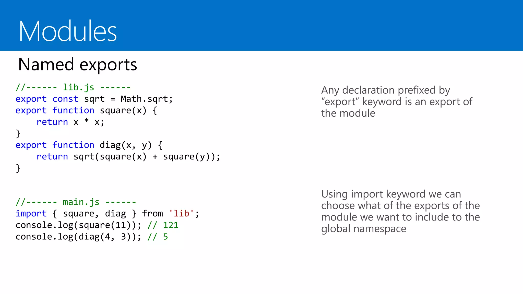 //------ lib.js ------
export const sqrt = Math.sqrt;
export function square(x) {
return x * x;
}
export function diag(x, y) {
return sqrt(square(x) + square(y));
}
Any declaration prefixed by
“export” keyword is an export of
the module
Using import keyword we can
choose what of the exports of the
module we want to include to the
global namespace
//------ main.js ------
import { square, diag } from 'lib';
console.log(square(11)); // 121
console.log(diag(4, 3)); // 5
 