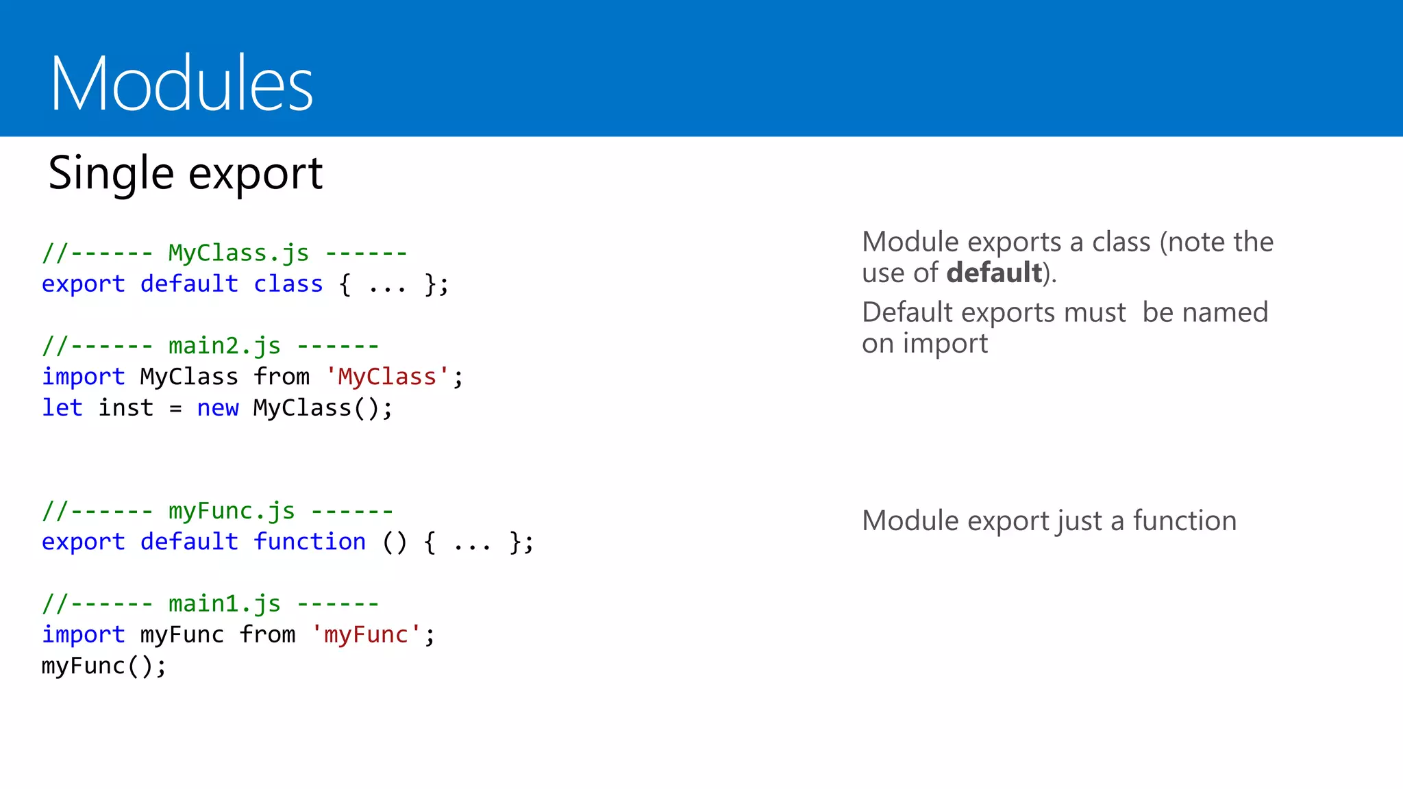 Module exports a class (note the
use of default).
Default exports must be named
on import
Module export just a function
//------ MyClass.js ------
export default class { ... };
//------ main2.js ------
import MyClass from 'MyClass';
let inst = new MyClass();
//------ myFunc.js ------
export default function () { ... };
//------ main1.js ------
import myFunc from 'myFunc';
myFunc();
 