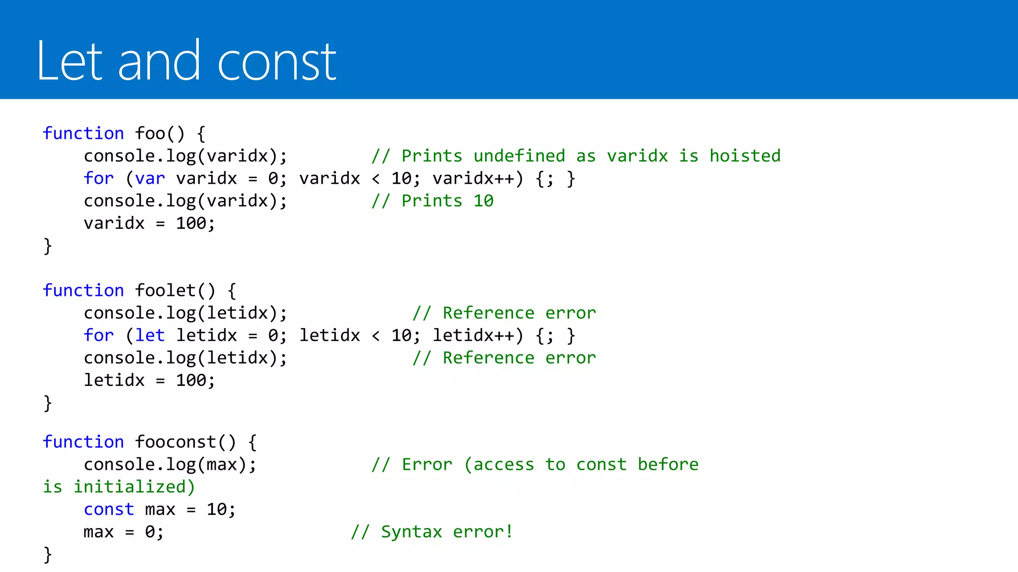 function foo() {
console.log(varidx); // Prints undefined as varidx is hoisted
for (var varidx = 0; varidx < 10; varidx++) {; }
console.log(varidx); // Prints 10
varidx = 100;
}
function foolet() {
console.log(letidx); // Reference error
for (let letidx = 0; letidx < 10; letidx++) {; }
console.log(letidx); // Reference error
letidx = 100;
}
function fooconst() {
console.log(max); // Error (access to const before
is initialized)
const max = 10;
max = 0; // Syntax error!
}
 