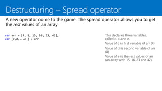 This declares three variables,
called c, d and e.
Value of c is first variable of arr (4)
Value of d is second variable of arr
(8)
Value of e is the rest values of arr
(an array with 15, 16, 23 and 42)
var arr = [4, 8, 15, 16, 23, 42];
var [c,d,...e ] = arr
 